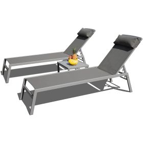 Patio Chaise Lounge Set, 3 Pieces Aluminum Adjustable Pool Lounge Chairs Textilene Sunbathing Recliner with Headrest (Grey,2 Lounge Chairs +1 Table)