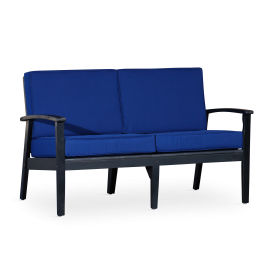 Eucalyptus Loveseat with Cushions, Espresso Finish, Navy Cushions