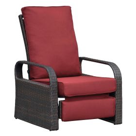 Outdoor Recliner Chair;  Automatic Adjustable Wicker Lounge Recliner Chair with 5.12'' Thicken Cushion (Color: Red)